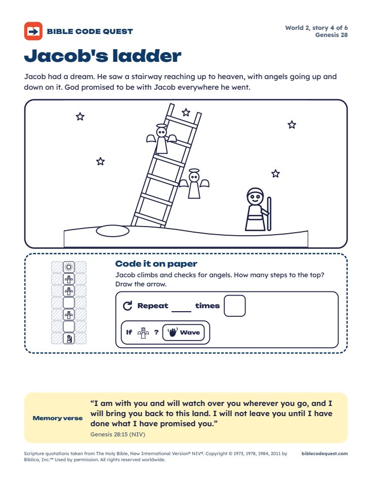 Coloring page for Jacob's ladder, with angels on a stairway and a Repeat and If puzzle
