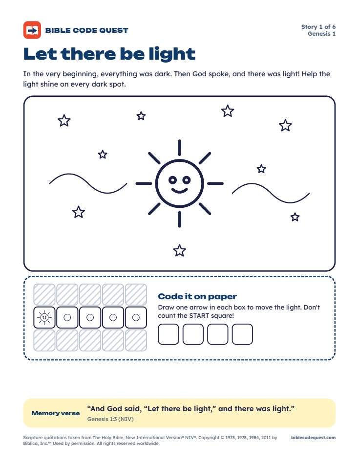 Coloring page for Let there be light, with a paper coding puzzle and Genesis 1:3