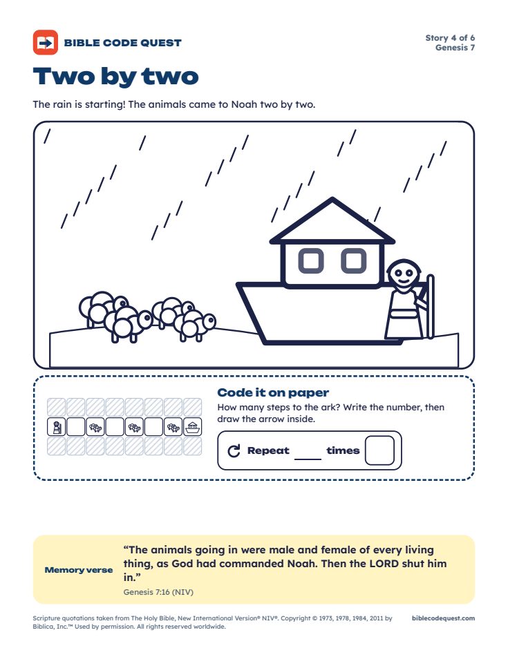 Coloring page for Two by two, with Noah, the ark, sheep and a Repeat puzzle